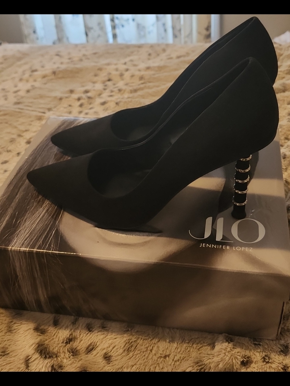 JLO Jennifer Lopez Black Pointed Toe Stiletto Pumps Slip On Metallic 9.5M
